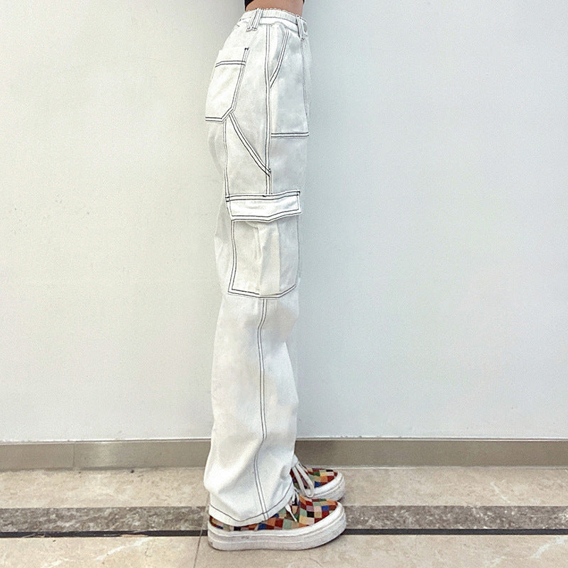 Pocket Contrast Color Loose And Slim Straight-Leg Jeans
