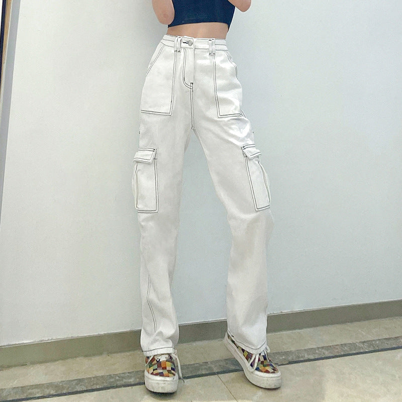 Pocket Contrast Color Loose And Slim Straight-Leg Jeans