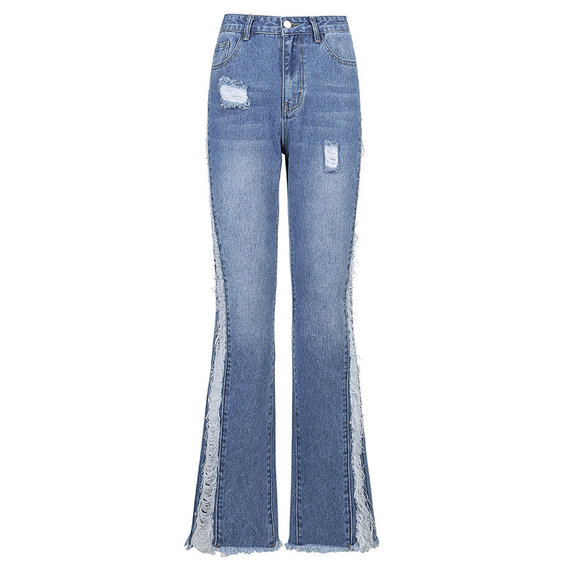 New Style Women's Casual Pierced Drawnwork High Waist Bootcut Washed Jeans