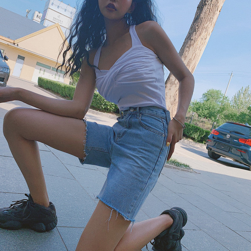 Raw Edge Riding Pants Five-Point Pants Retro Slim High-Waisted Denim Shorts