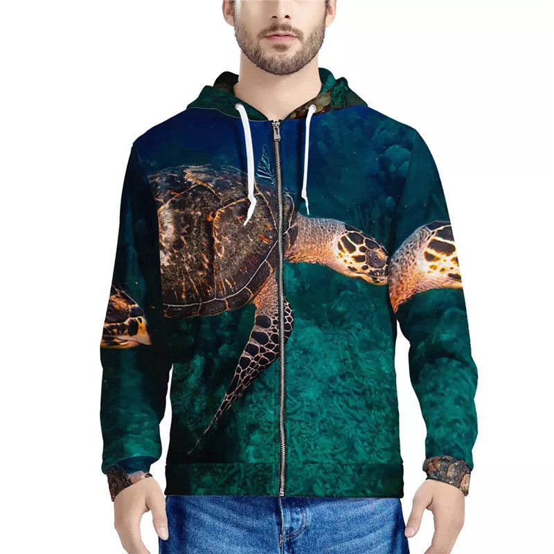 Digital Print Sweatshirt With Zipper Hooded Top