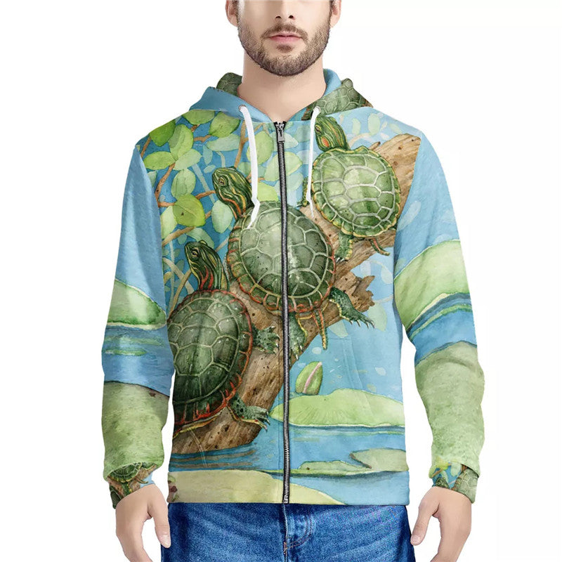 Digital Print Sweatshirt With Zipper Hooded Top