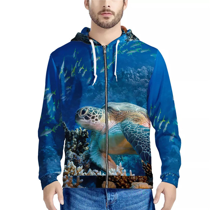 Digital Print Sweatshirt With Zipper Hooded Top