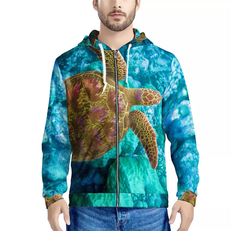 Digital Print Sweatshirt With Zipper Hooded Top