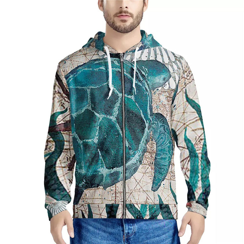 Digital Print Sweatshirt With Zipper Hooded Top