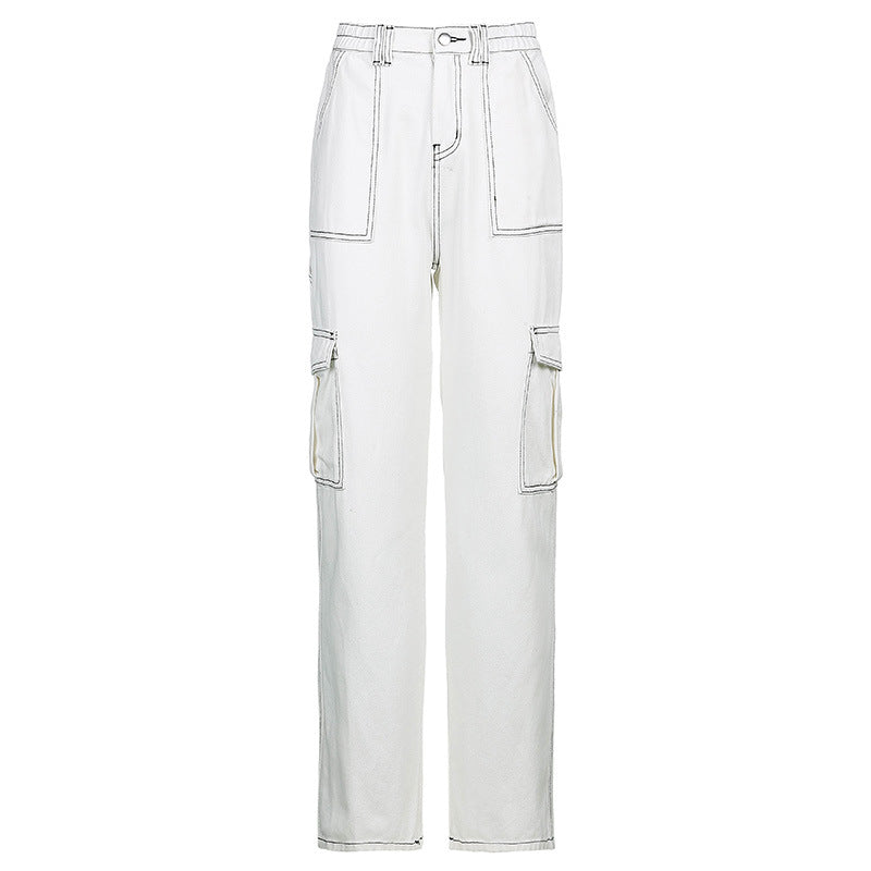 Pocket Contrast Color Loose And Slim Straight-Leg Jeans