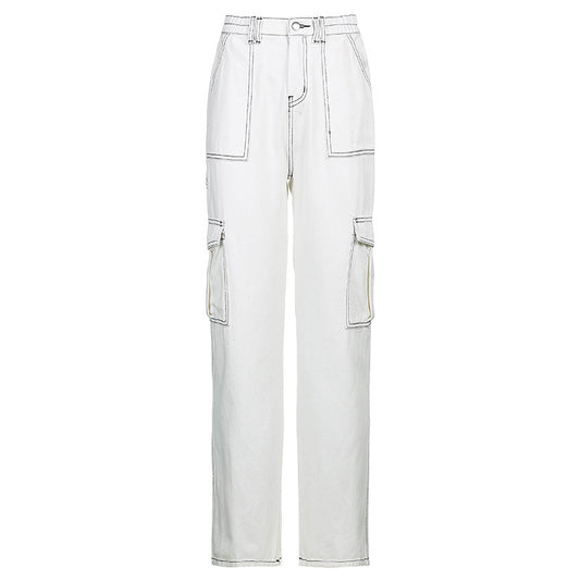 Pocket Contrast Color Loose And Slim Straight-Leg Jeans