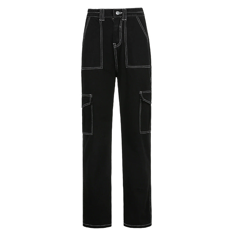 Pocket Contrast Color Loose And Slim Straight-Leg Jeans