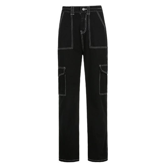 Pocket Contrast Color Loose And Slim Straight-Leg Jeans