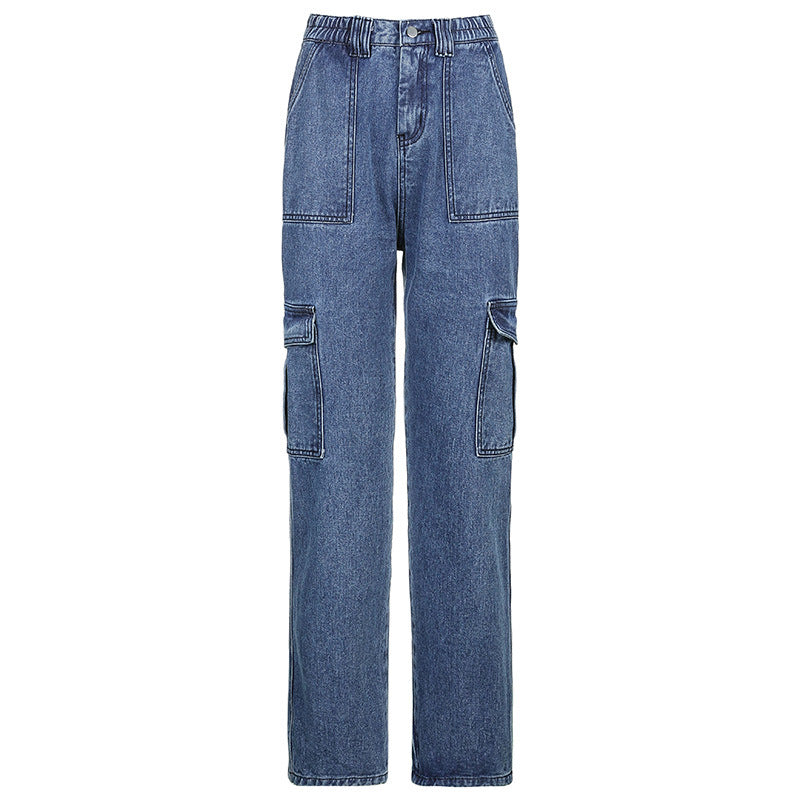 Pocket Contrast Color Loose And Slim Straight-Leg Jeans