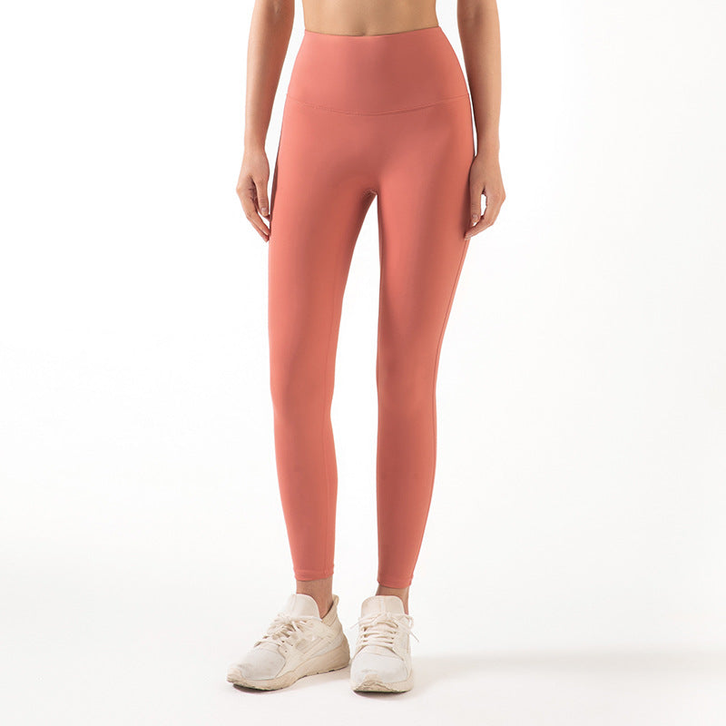 New European And American Ribbed Nude Fitness Yoga Pants High Waist Waistline Stitching Thin Peach Sports Tights