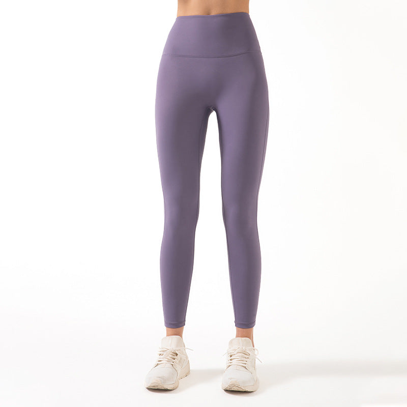 New European And American Ribbed Nude Fitness Yoga Pants High Waist Waistline Stitching Thin Peach Sports Tights