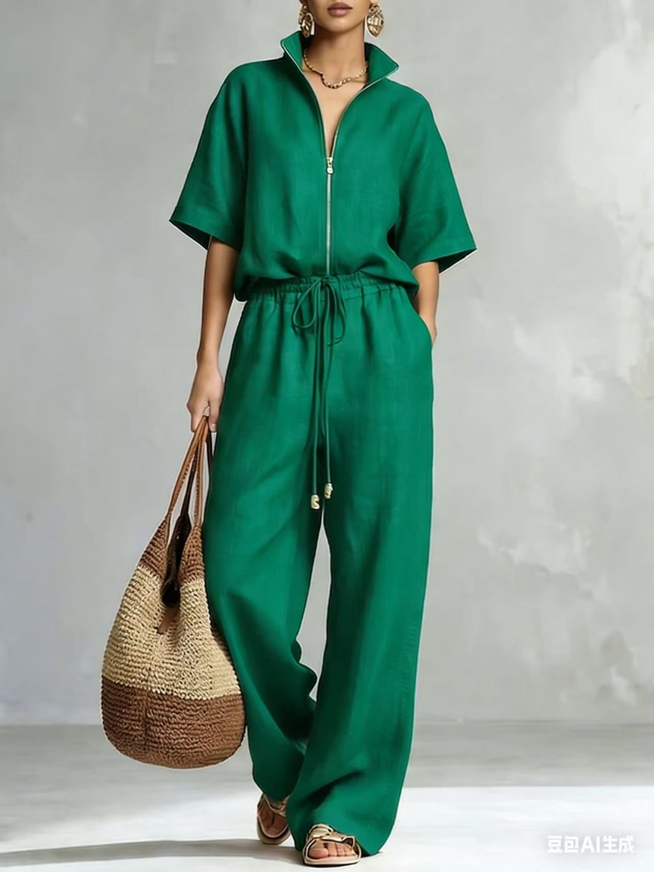 Womens Casual Loose Solid-Color Zip-Up Crew-Neck Wide-Leg Pants Set