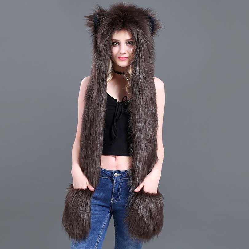 Faux Fur Strå Tegneserie Dyrehat Tørklæde Handsker Én