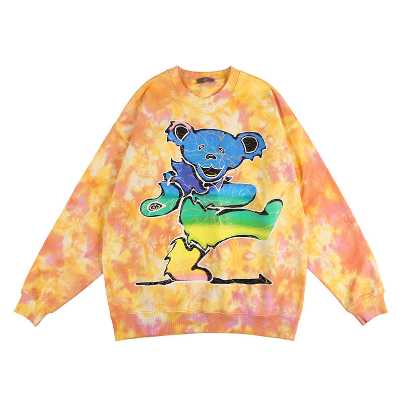 Tie-dye Print Oversize Bear Print Crew Neck Sweatshirt