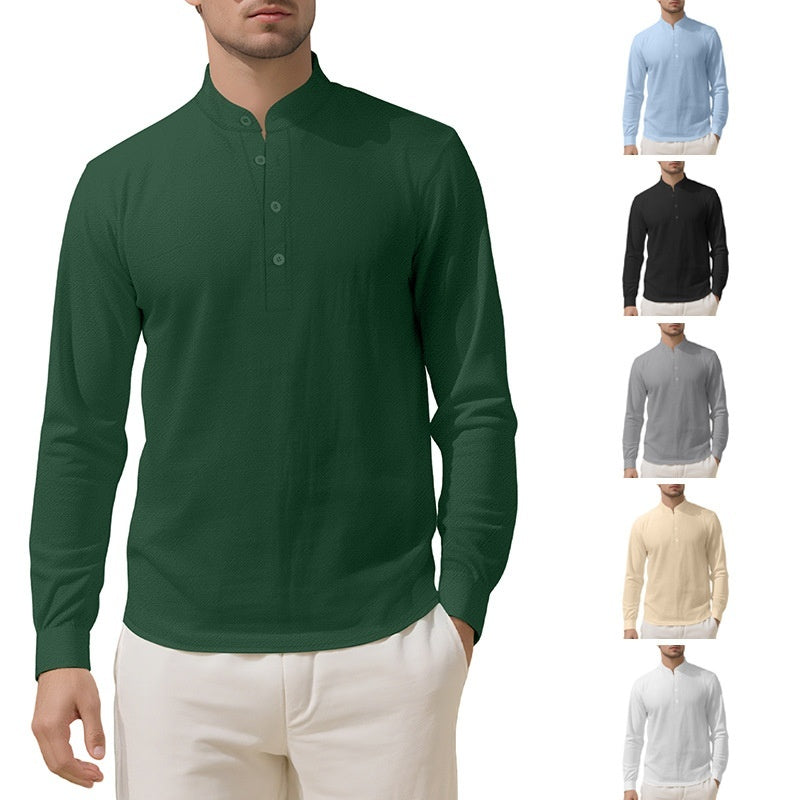 Men's Loose Linen Solid Color Long Sleeve Stand Collar Shirt