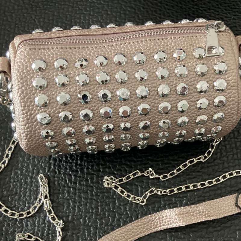 Cylindrical Small Bag  Rivet Chain Messenger Bag  Female Bag Diamond Mobile Phone Bag