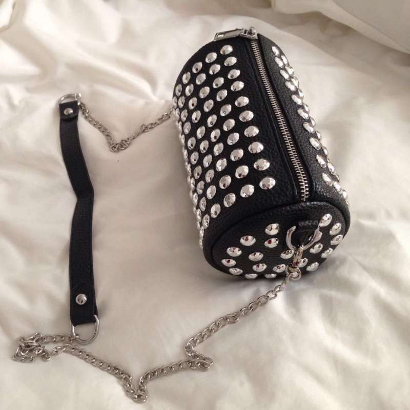 Cylindrical Small Bag  Rivet Chain Messenger Bag  Female Bag Diamond Mobile Phone Bag