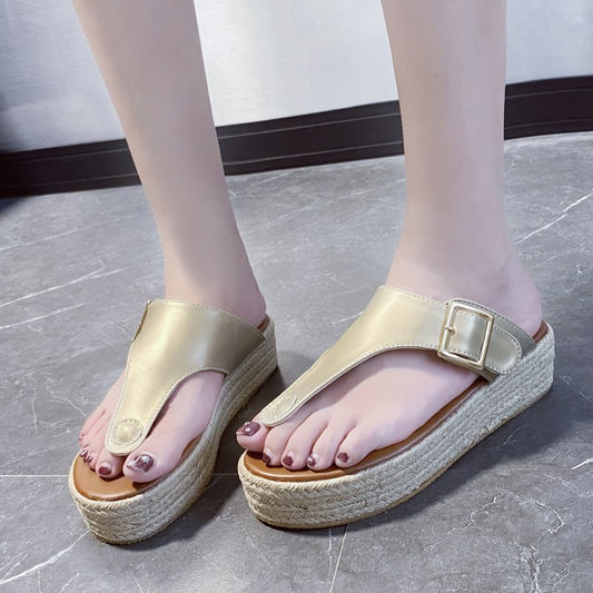 Flip Flops Women's Leather Platform Belt Buckle Large Size Sandals