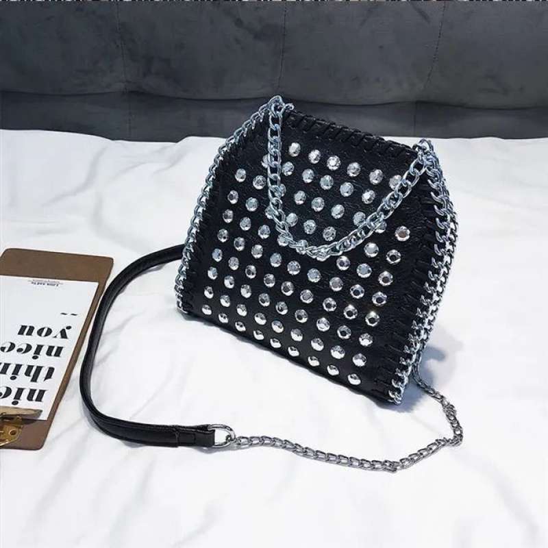 Cylindrical Small Bag  Rivet Chain Messenger Bag  Female Bag Diamond Mobile Phone Bag