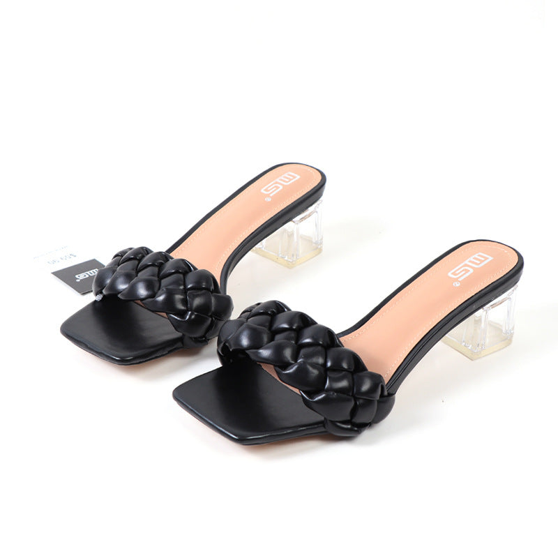 One-Line Plus Size Mid-Heel Solid Color Sandals