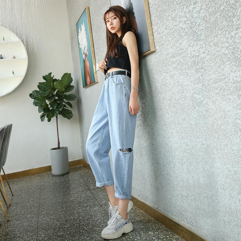 Women's Ninth Pants Ripped High Waist Jeans