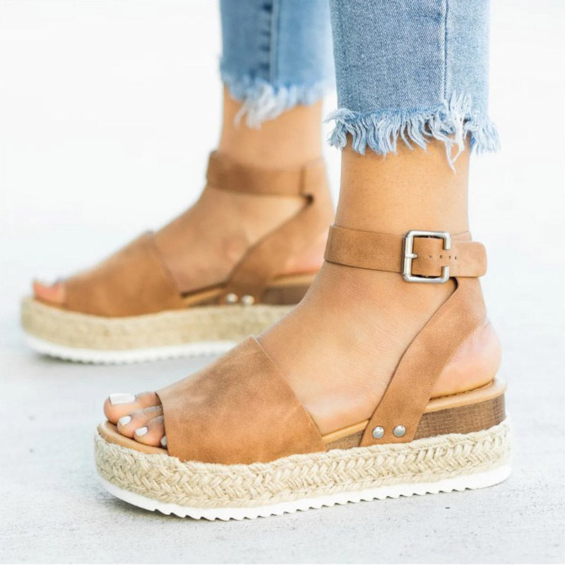 Spot Wish Amazon New Summer European And American Foreign Trade Hemp Rope Slope With Thick Bottom Large Size Fish Mouth Sandals Women