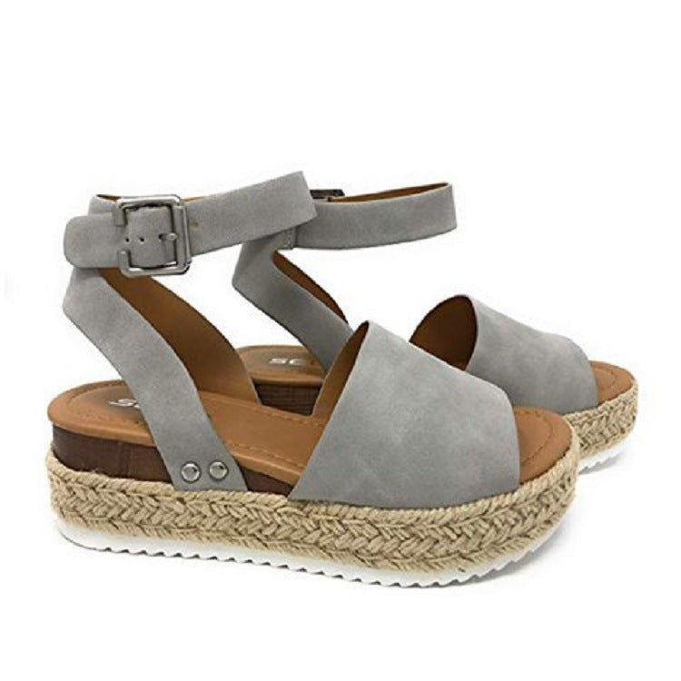Spot Wish Amazon New Summer European And American Foreign Trade Hemp Rope Slope With Thick Bottom Large Size Fish Mouth Sandals Women