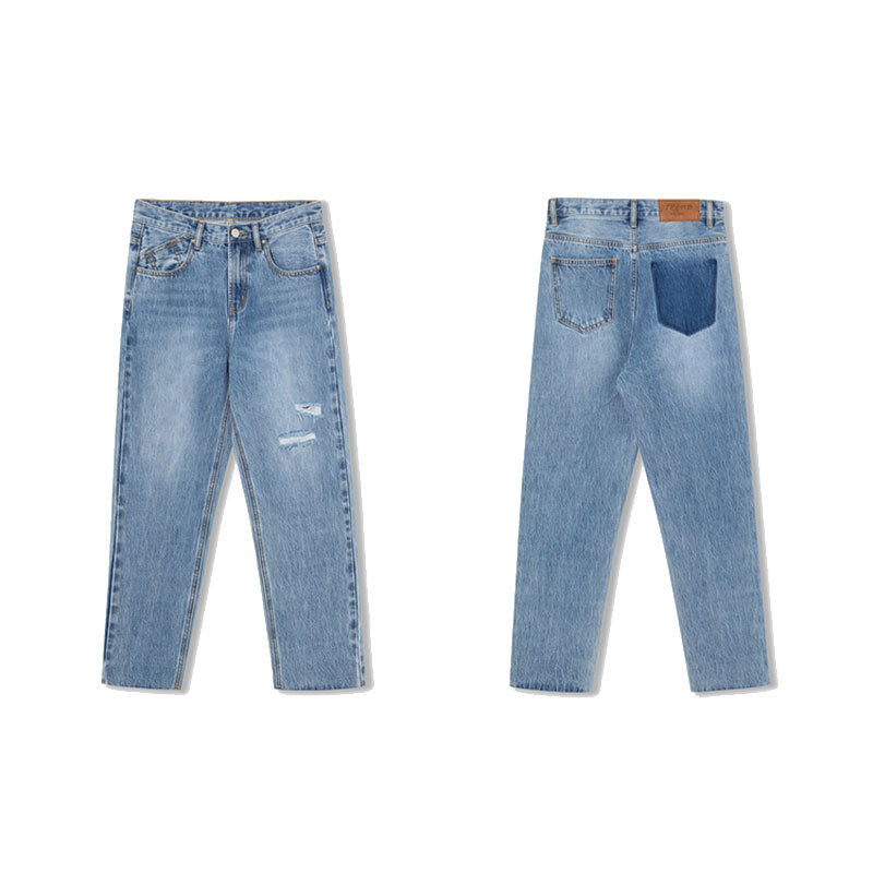 Women's High Waist Loose Straight Leg Pants Slimming Light Colored Jeans With Holes