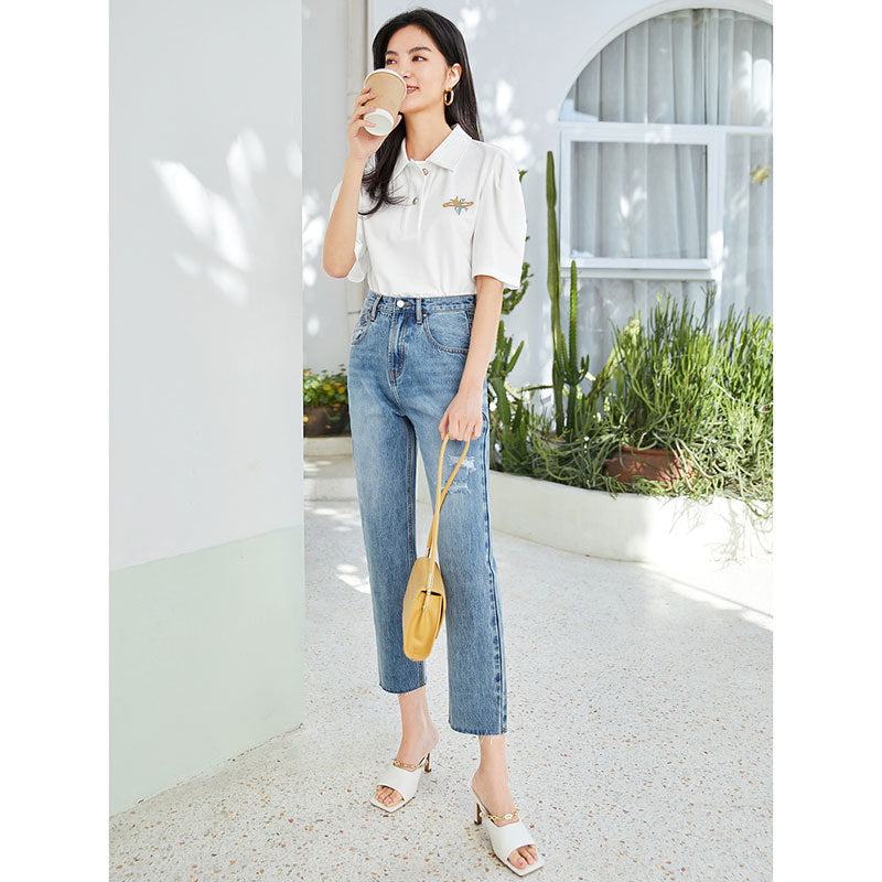 Women's High Waist Loose Straight Leg Pants Slimming Light Colored Jeans With Holes