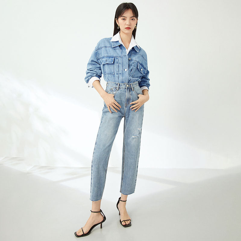 Women's High Waist Loose Straight Leg Pants Slimming Light Colored Jeans With Holes