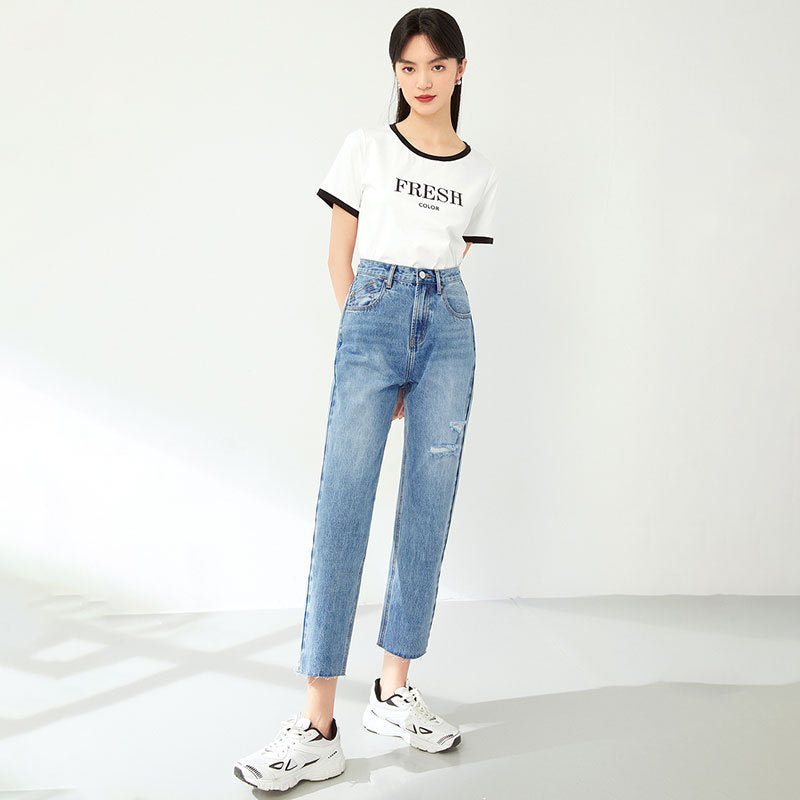 Women's High Waist Loose Straight Leg Pants Slimming Light Colored Jeans With Holes