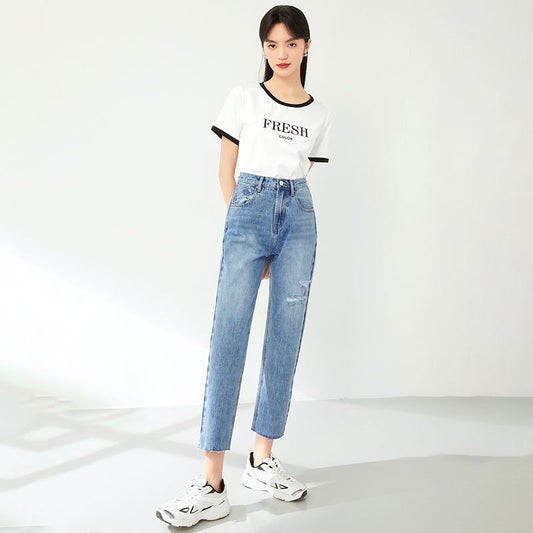 Women's High Waist Loose Straight Leg Pants Slimming Light Colored Jeans With Holes
