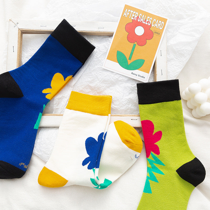 Small Flower Flower Socks Female Middle Tube Korean Cute Ins Poppy Flower Long Tube Pile Tide Cotton Socks