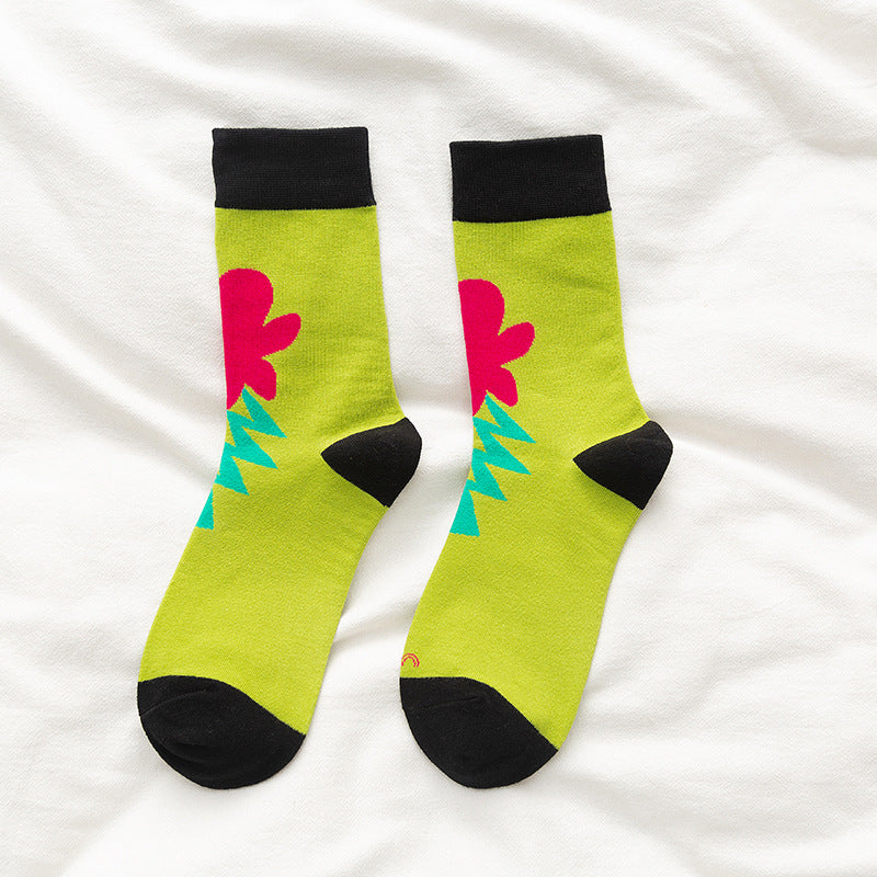 Small Flower Flower Socks Female Middle Tube Korean Cute Ins Poppy Flower Long Tube Pile Tide Cotton Socks