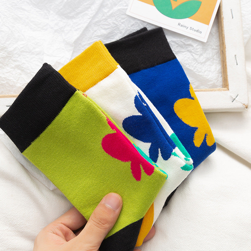 Small Flower Flower Socks Female Middle Tube Korean Cute Ins Poppy Flower Long Tube Pile Tide Cotton Socks