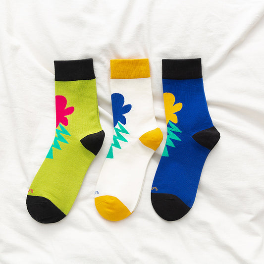 Small Flower Flower Socks Female Middle Tube Korean Cute Ins Poppy Flower Long Tube Pile Tide Cotton Socks
