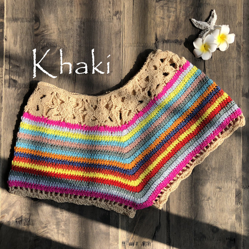 European And American Women'S Color Striped Crochet Bikini Shorts
