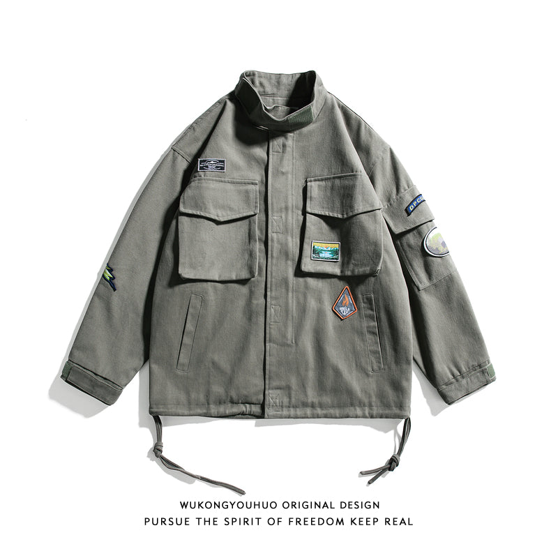 Wukong In Stock Japanese Retro Multi-Pocket Tooling Jacket Men'S Trendy Brand Personality Labeling Loose Couple Stand-Up Collar Jacket