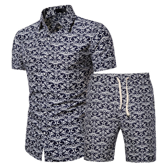 Men's Short-sleeved Shirt Chinese Style Printed Shirt Set