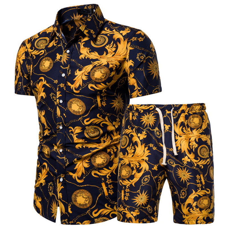 Men's Short-sleeved Shirt Chinese Style Printed Shirt Set