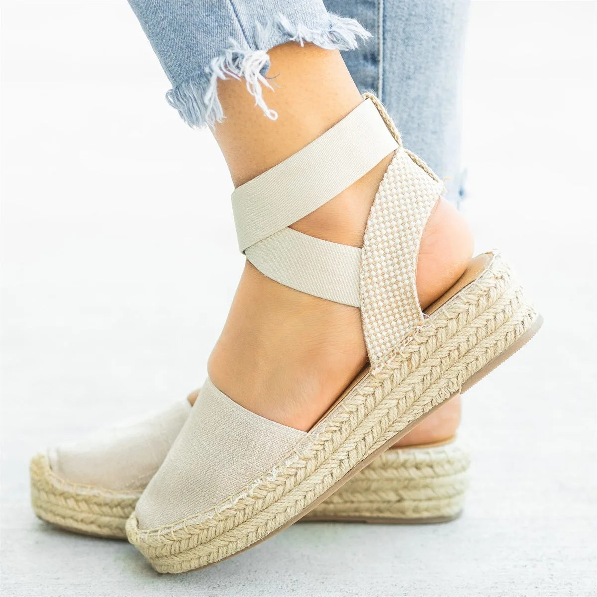 Hemp Rope Slope Heel Buckle Female Sandals