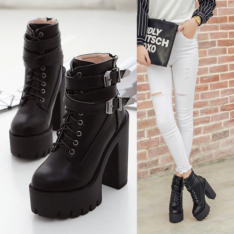 Autumn And Winter New Style Belt Buckle High-Heel Martin Women'S Boots With Thick-Heeled Short Boots Round Toe Women'S Shoes