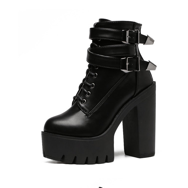 Autumn And Winter New Style Belt Buckle High-Heel Martin Women'S Boots With Thick-Heeled Short Boots Round Toe Women'S Shoes