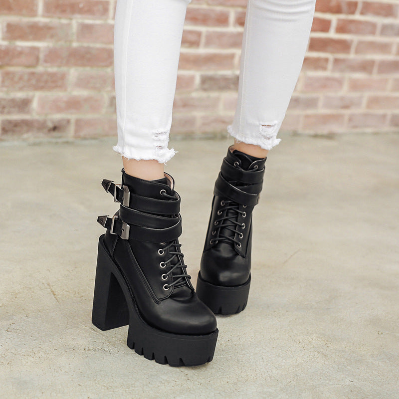 Autumn And Winter New Style Belt Buckle High-Heel Martin Women'S Boots With Thick-Heeled Short Boots Round Toe Women'S Shoes