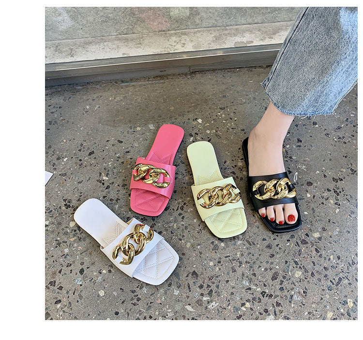 Large Size 35-43 Slippers Female Summer New Korean Version Of The Chain Word Outside Wear Flat Sandals Casual