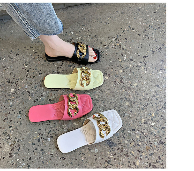 Large Size 35-43 Slippers Female Summer New Korean Version Of The Chain Word Outside Wear Flat Sandals Casual