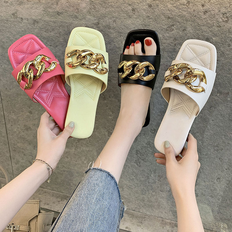 Large Size 35-43 Slippers Female Summer New Korean Version Of The Chain Word Outside Wear Flat Sandals Casual
