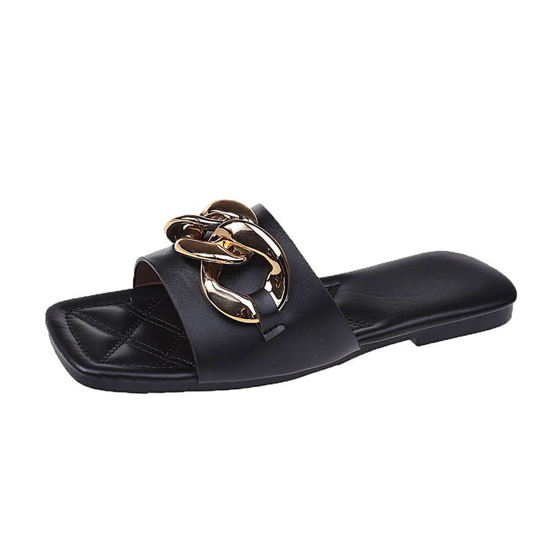 Large Size 35-43 Slippers Female Summer New Korean Version Of The Chain Word Outside Wear Flat Sandals Casual