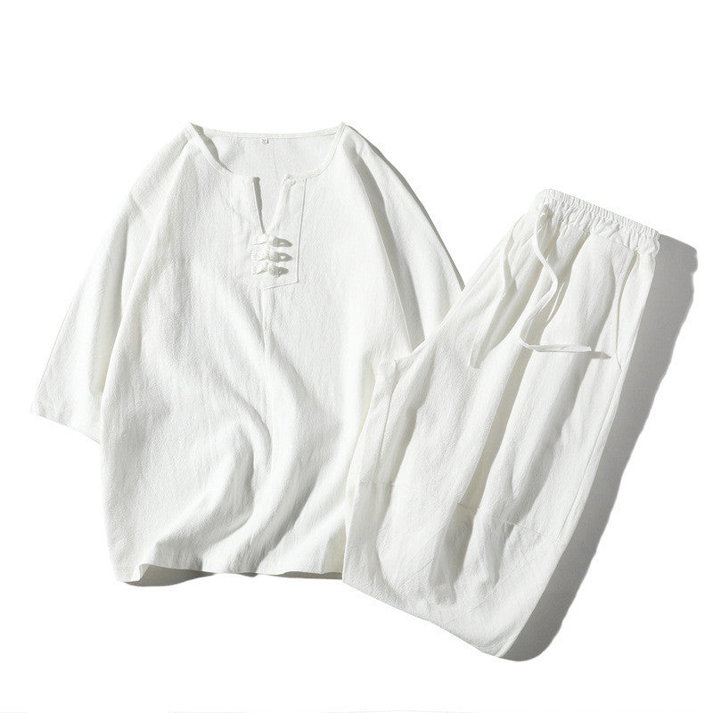 Short Sleeve Three-quarter Sleeve Suit Cotton And Linen Loose T-shirt Casual Two-piece Suit